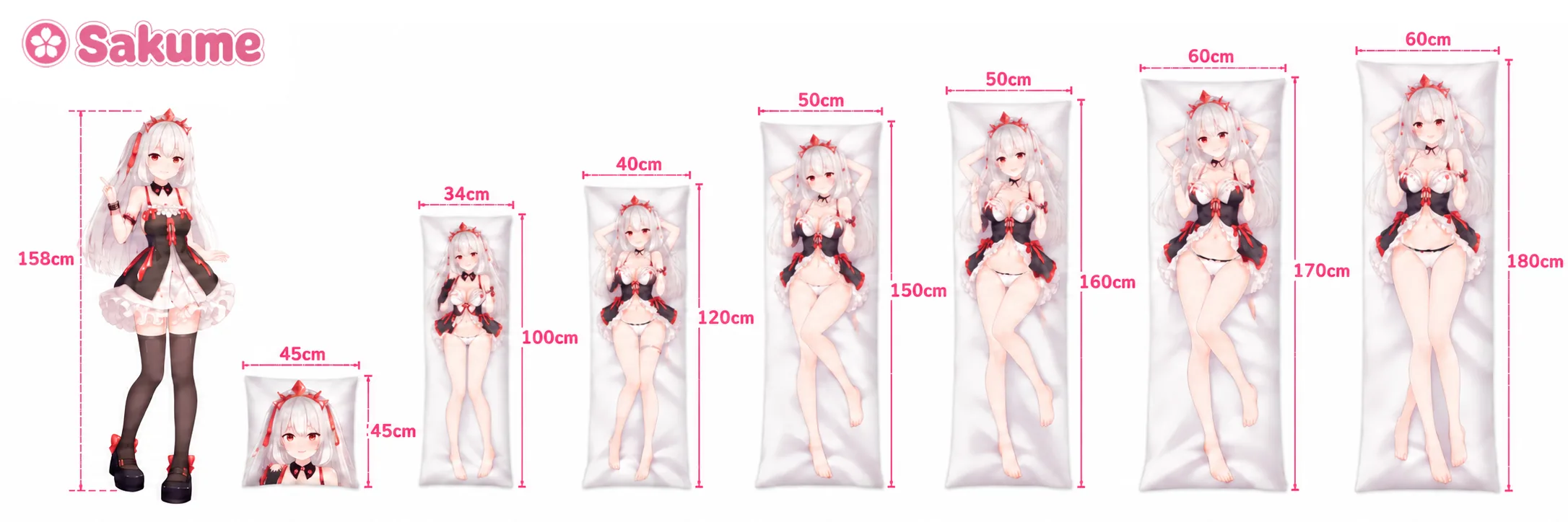Comparación a escala de las tallas dakimakura