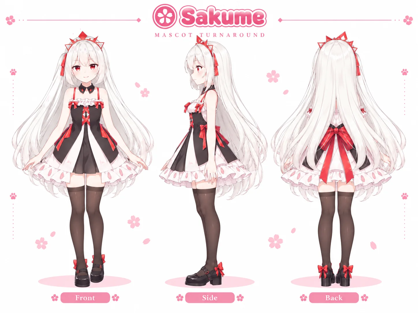 Hoja de la mascota Sakume: chica de pelo largo blanco y ojos rojos con vestido blanco y negro con lazos rojos, de frente, perfil y espalda